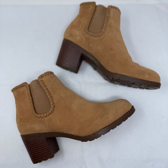 Jack Rogers Boots Womens Size 7.5 Poppy Tan Suede Ankle Booties Block Heel Trim - Picture 5 of 10